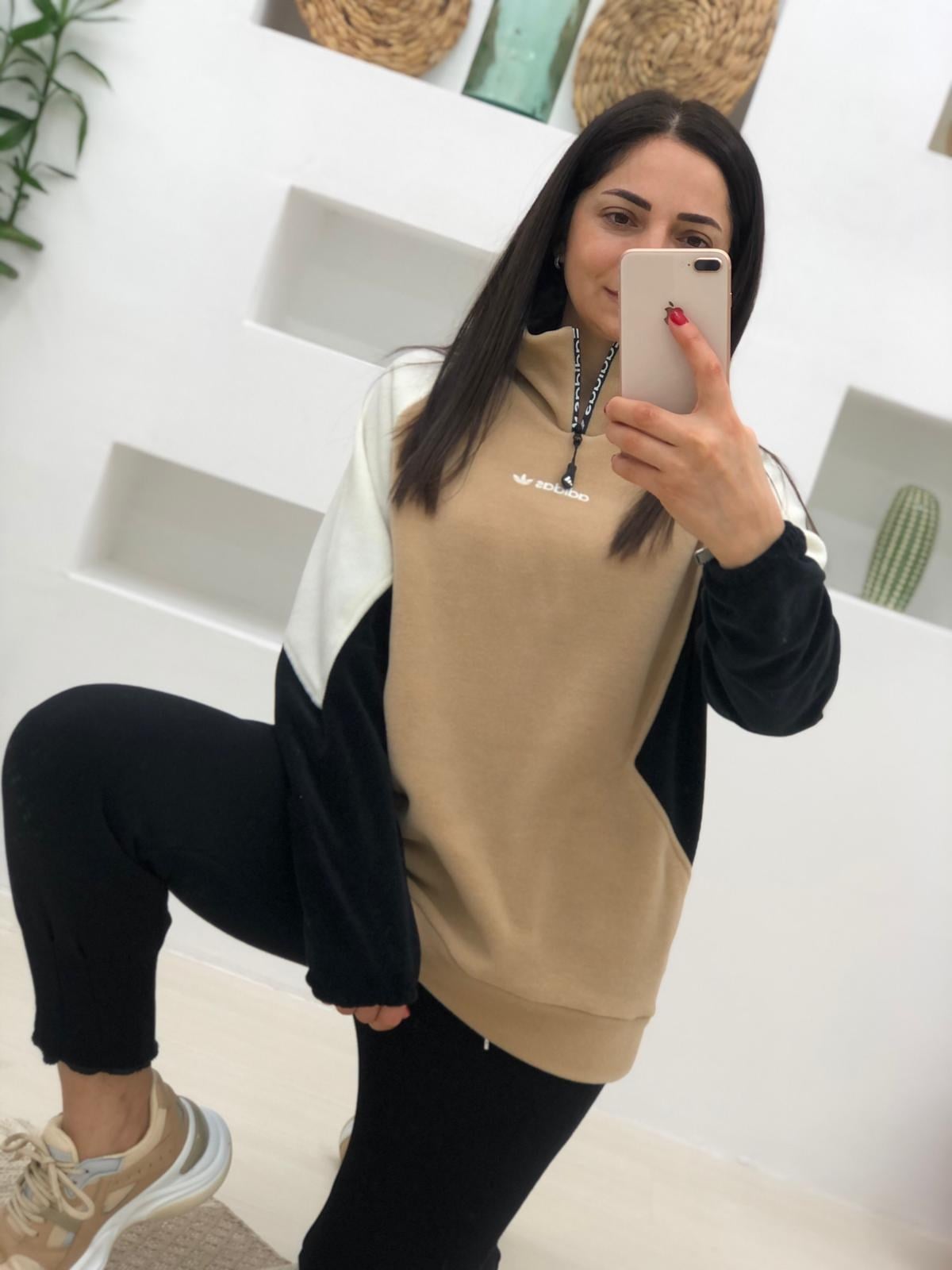 Yakası Fermuarlı Sweatshirt-Bej-Siyah