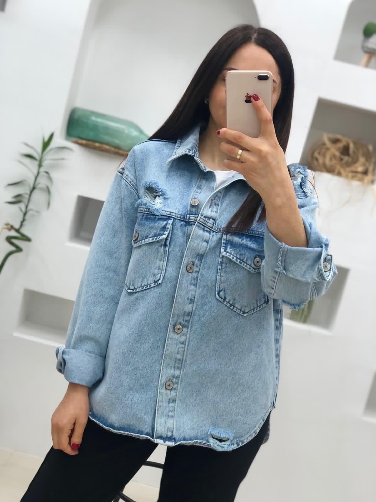 Yırtık Detaylı Cepli Denim Gömlek-BuzMavi