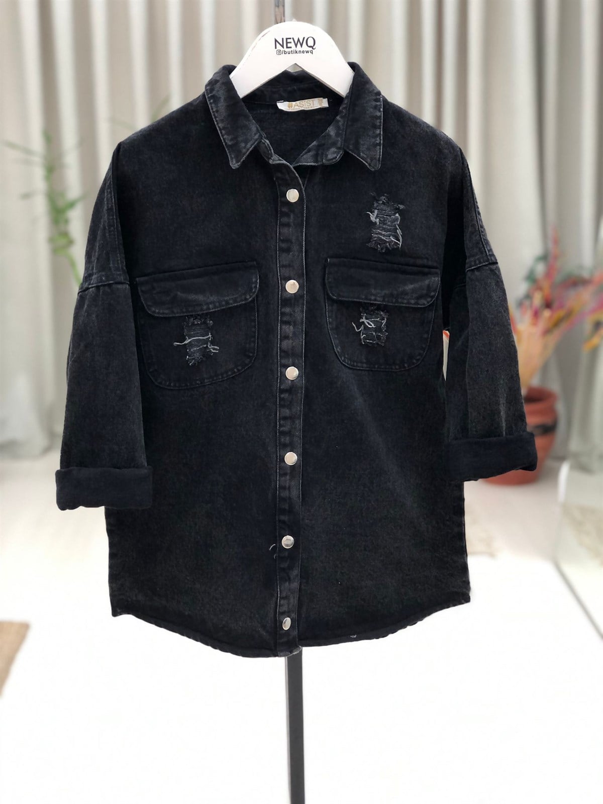 Yırtık Detaylı Denim Ceket Gömlek-Füme