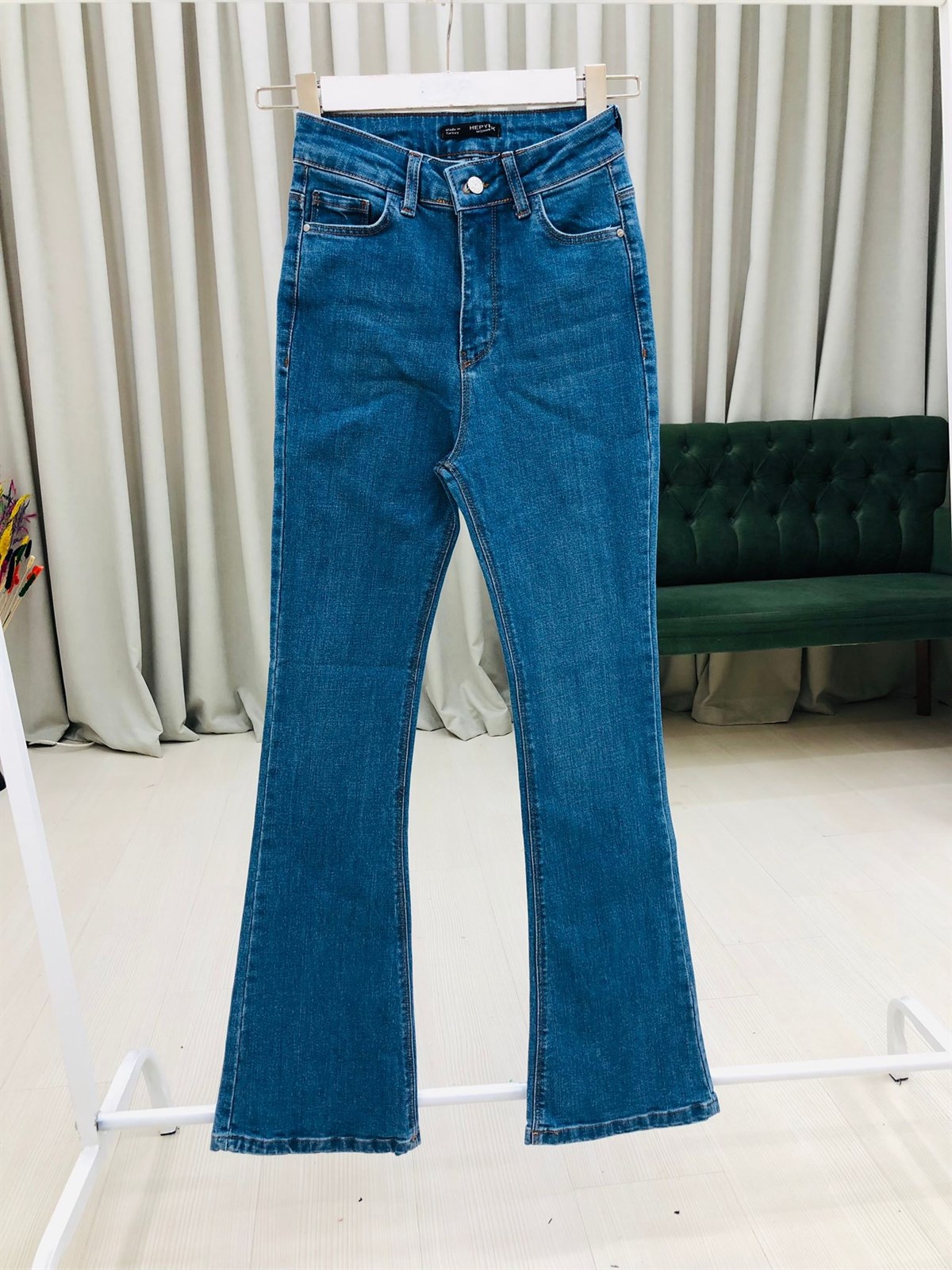 Yüksek Bel İspanyol Paça Likralı Denim Pantolon-Mavi