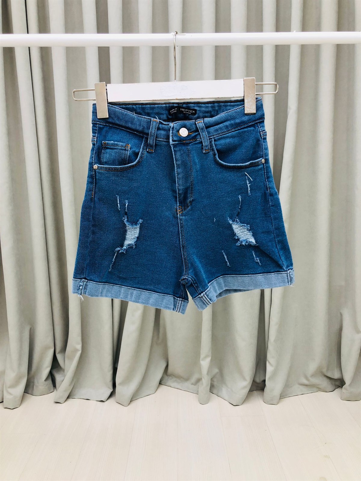 Yüksek Bel Likralı Duble Paça Denim Şort-Lacivert