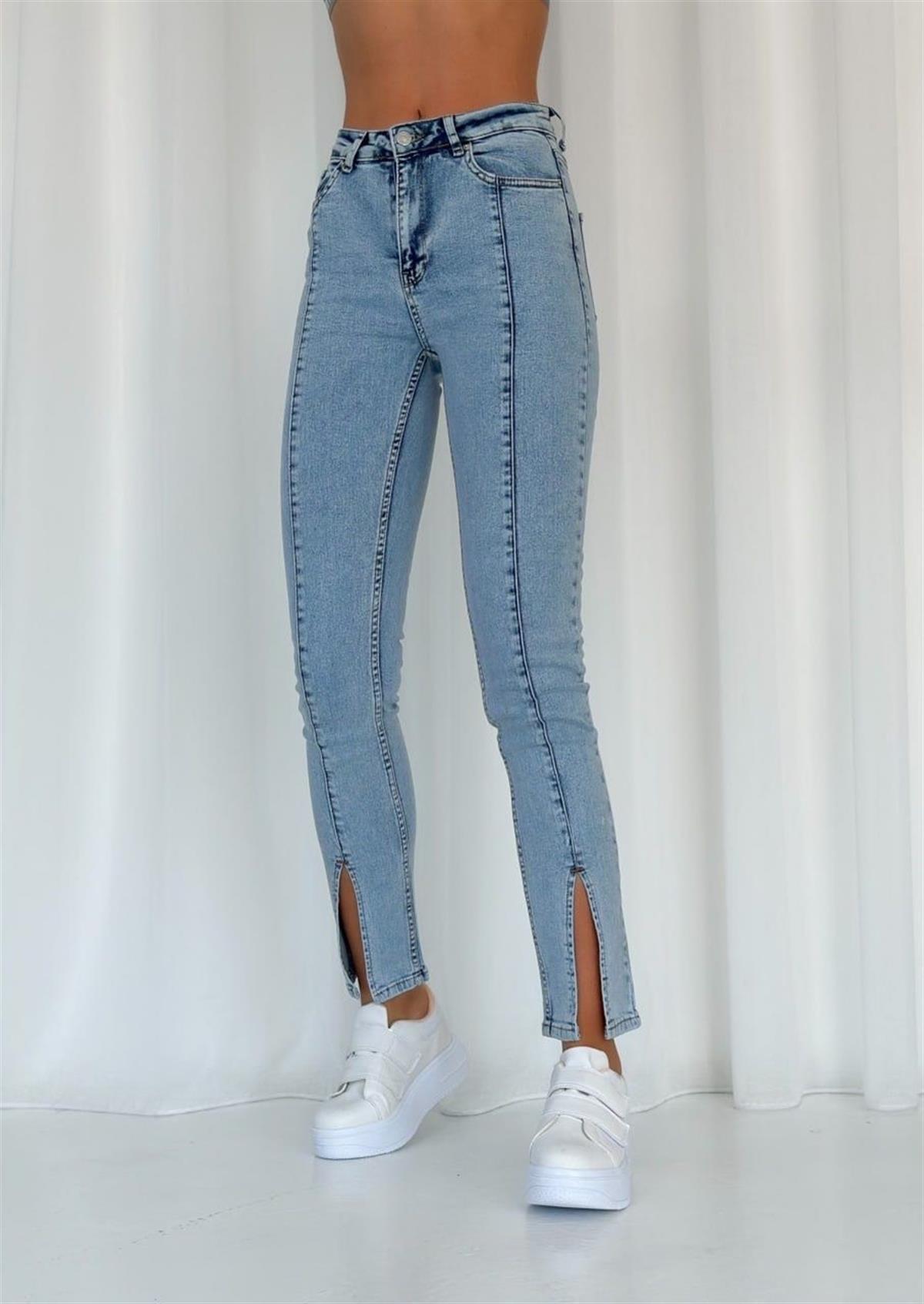 Yüksek Bel Likralı Skinny Paça Ön Yırtmaçlı Jean-Buz Mavi
