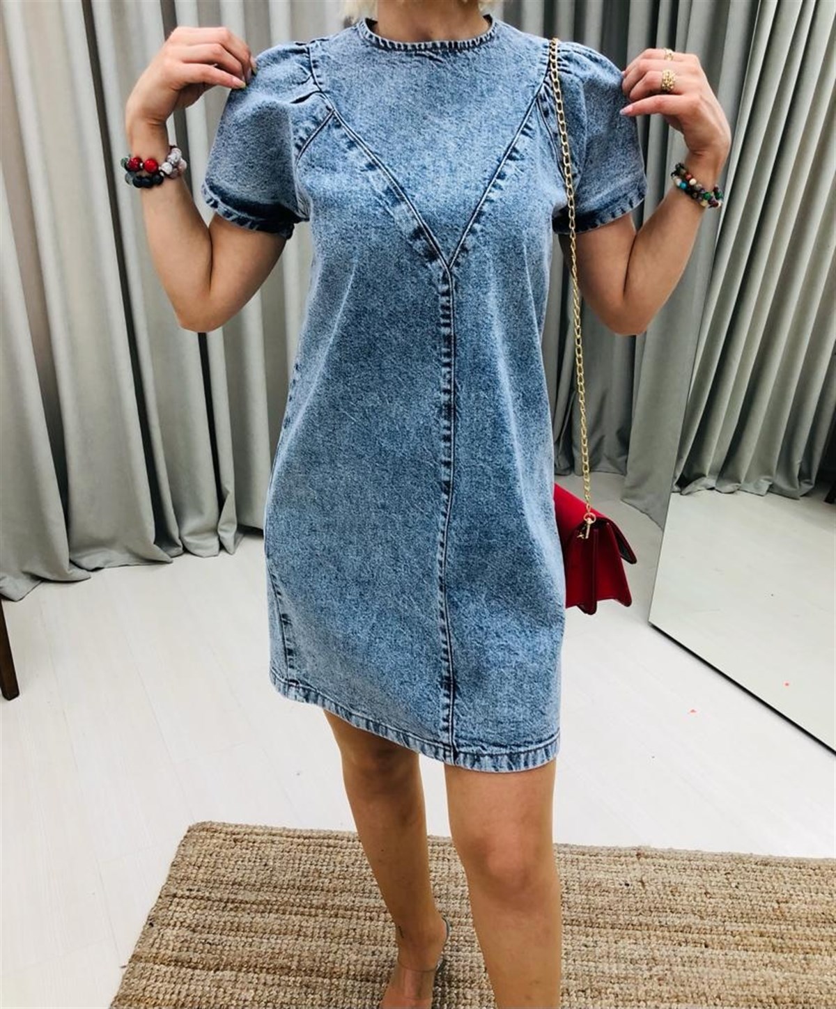 Yuvarlak Yaka Kısa Kollu Denim Elbise-Mavi