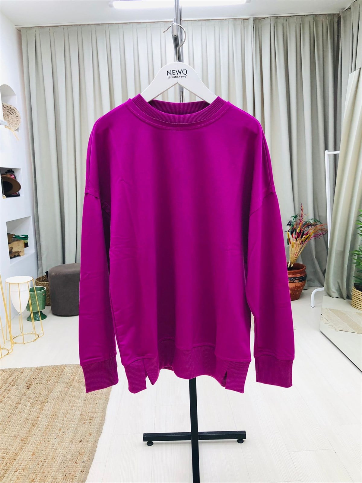 Yuvarlak Yaka Salaş Sweatshirt-Mürdüm