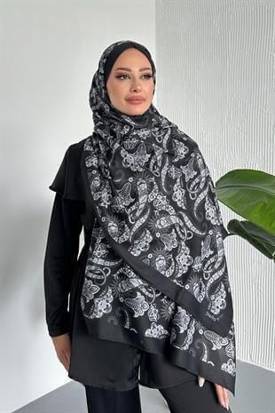  Etnik Şal Desenli Siyah-Gri Renk Soft Pamuk Şal