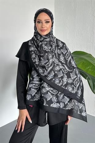  Etnik Şal Desenli Siyah-Gri Renk Soft Pamuk Şal