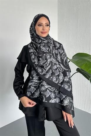  Etnik Şal Desenli Siyah-Gri Renk Soft Pamuk Şal