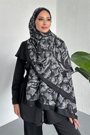  Etnik Şal Desenli Siyah-Gri Renk Soft Pamuk Şal