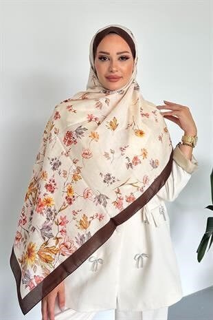  Flowers Çiçek Desenli Kahverengi Soft Pamuklu Şal