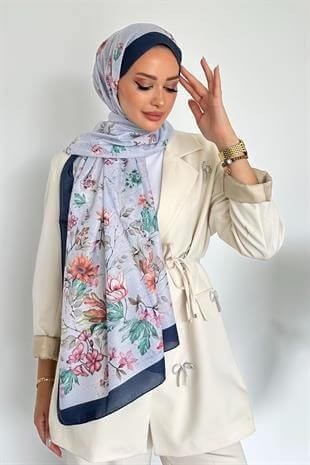  Flowers Çiçek Desenli Lacivert Renk Soft Pamuk Şal