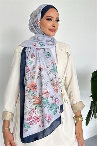  Flowers Çiçek Desenli Lacivert Renk Soft Pamuk Şal