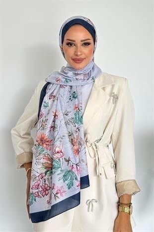  Flowers Çiçek Desenli Lacivert Renk Soft Pamuk Şal
