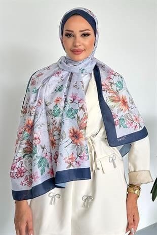  Flowers Çiçek Desenli Lacivert Renk Soft Pamuk Şal