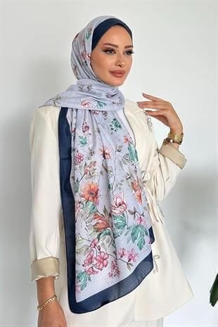  Flowers Çiçek Desenli Lacivert Renk Soft Pamuk Şal
