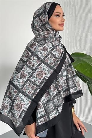  Retro Etnik Desen Siyah Renk Soft Pamuk Şal