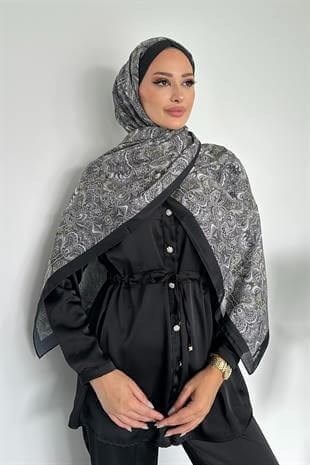 Etnik Retro Desen Siyah Renk Pamuk Soft Şal