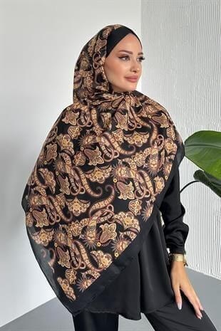 Etnik Şal Desenli Siyah-Kahve Renkli Soft Pamuk Şal