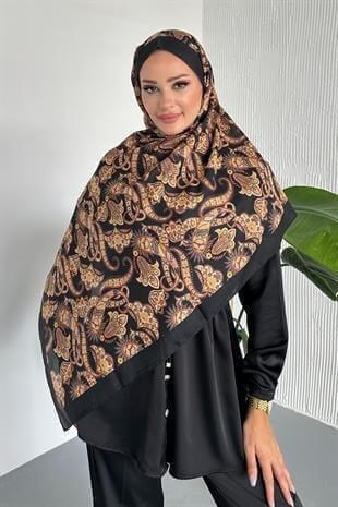 Etnik Şal Desenli Siyah-Kahve Renkli Soft Pamuk Şal