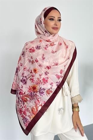 Flowers Çiçek Desenli Bordo Renk Soft Pamuk Şal