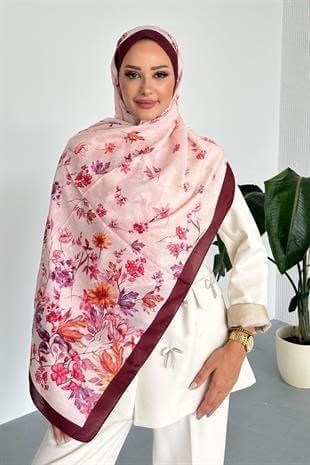 Flowers Çiçek Desenli Bordo Renk Soft Pamuk Şal