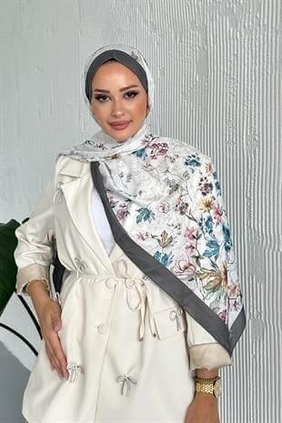 Flowers Çiçek Desenli Gri Renk Soft Pamuk Şal
