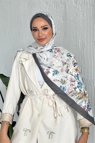Flowers Çiçek Desenli Gri Renk Soft Pamuk Şal