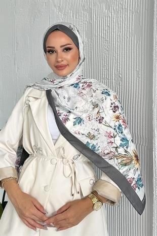Flowers Çiçek Desenli Gri Renk Soft Pamuk Şal
