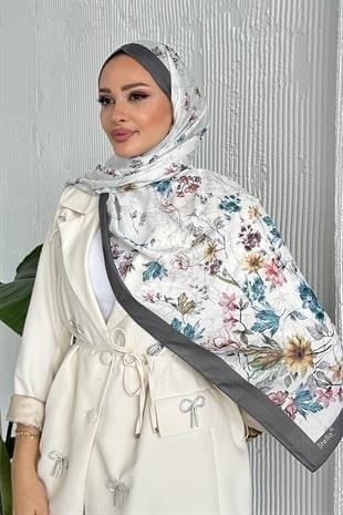 Flowers Çiçek Desenli Gri Renk Soft Pamuk Şal