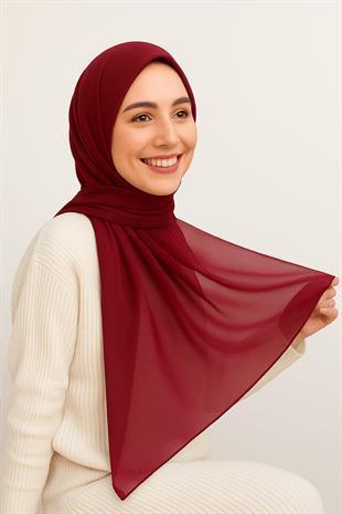 İnce Şifon Kumaş Bordo Renk Düz Şal