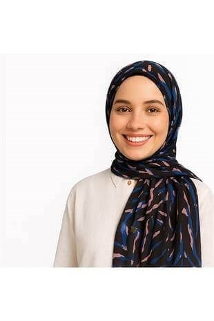 Kadın Siyah Üzerine Pembe-Mavi Renkli Zebra Desenli İnce Şifon Şal