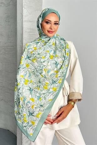 Lotus Çiçek Desen Çağla Yeşili Renk Soft Pamuk Şal