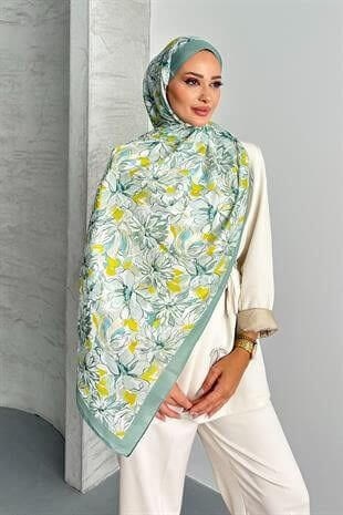 Lotus Çiçek Desen Çağla Yeşili Renk Soft Pamuk Şal