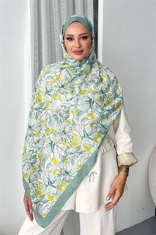 Lotus Çiçek Desen Çağla Yeşili Renk Soft Pamuk Şal