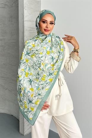 Lotus Çiçek Desen Çağla Yeşili Renk Soft Pamuk Şal