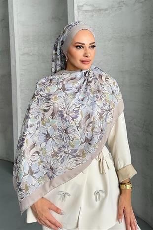 Lotus Çiçek Desen Bej Renk Soft Pamuk Şal