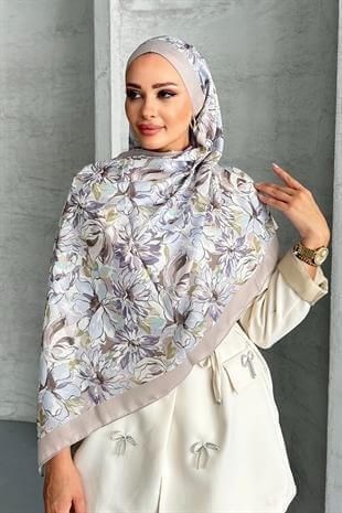 Lotus Çiçek Desen Bej Renk Soft Pamuk Şal