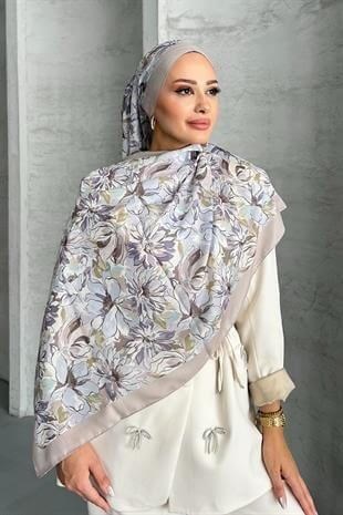 Lotus Çiçek Desen Bej Renk Soft Pamuk Şal