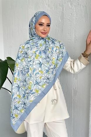 Lotus Çiçek Desen Mavi Renk Soft Pamuk Şal