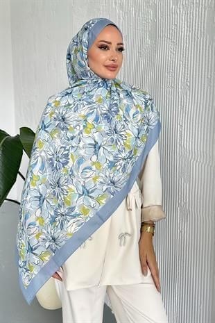 Lotus Çiçek Desen Mavi Renk Soft Pamuk Şal