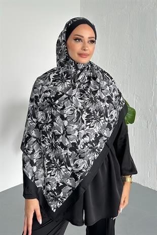 Lotus Çiçek Desen Siyah Renk Soft Pamuk Şal