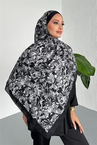 Lotus Çiçek Desen Siyah Renk Soft Pamuk Şal