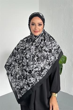 Lotus Çiçek Desen Siyah Renk Soft Pamuk Şal