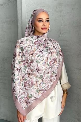Lotus Çiçek Desen Vizon Renk Soft Pamuk Şal