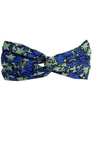 Mavi Yeşil Renkli Yıldız Desenli Saten Bandana
