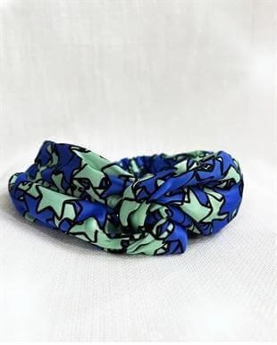 Mavi Yeşil Renkli Yıldız Desenli Saten Bandana