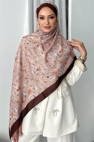 Retro Etnik Desen Kahverengi Soft Pamuk Şal