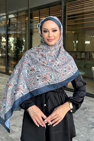 Retro Etnik Desen Lacivert Renk Soft Pamuk Şal
