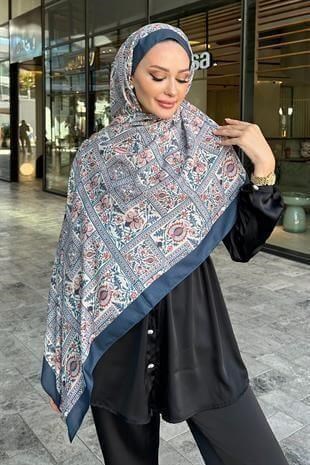 Retro Etnik Desen Lacivert Renk Soft Pamuk Şal