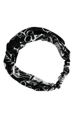 Siyah Beyaz Desenli Saten Bandana