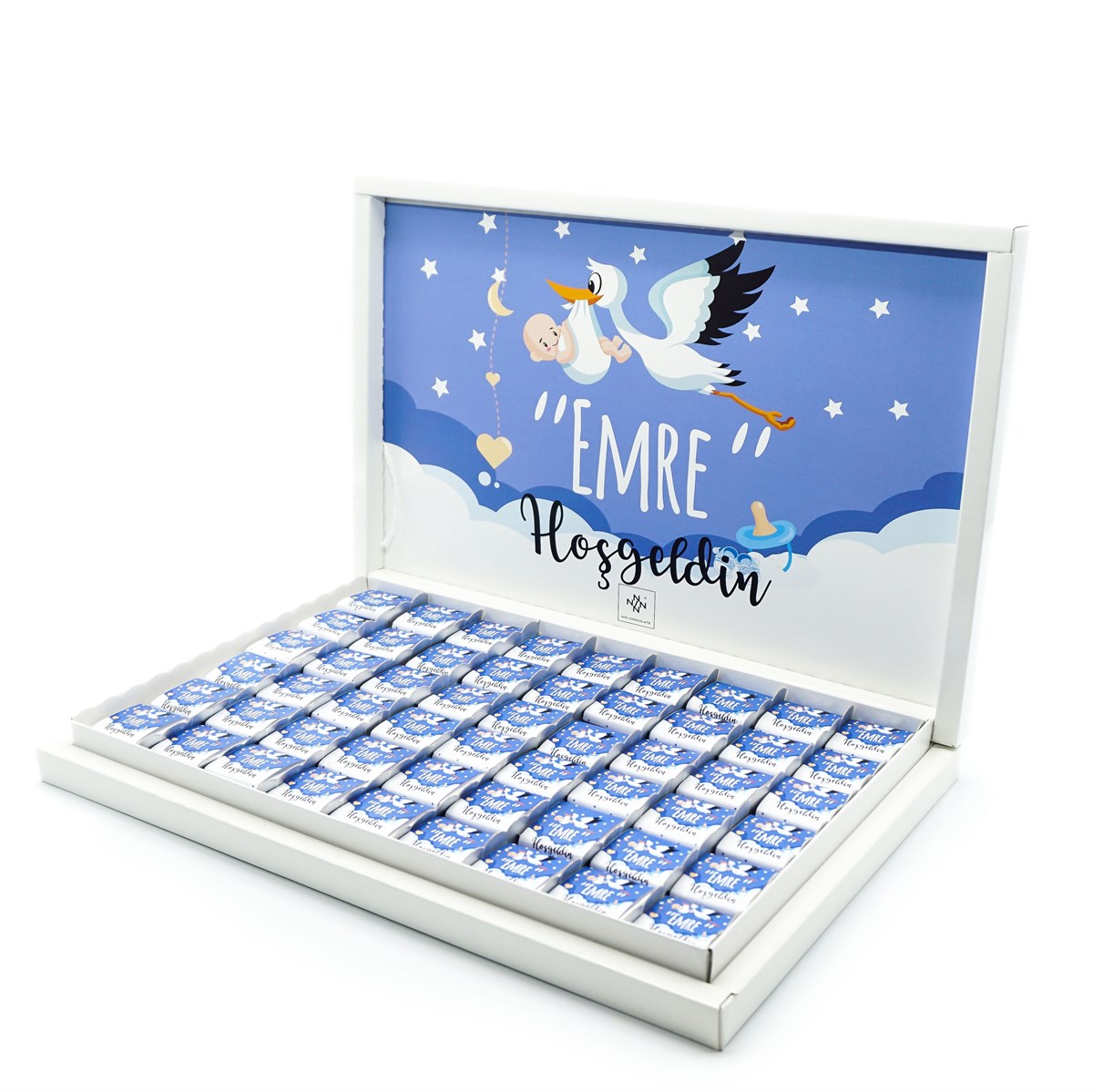 Erkek Bebek Çikolatası 162 Adet Napoliten Çikolata Mavi Leylek
